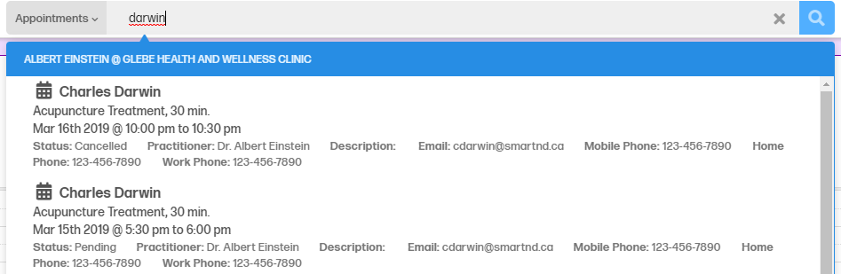 How to find an appointment when you are not in the calendar.  How to use the search bar at the top to find an appointment. Shows an appointment searched from the top main search bar.